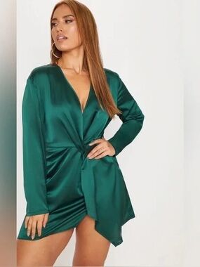 PrettyLittleThing Emerald Green Satin Tie-Waist Dress